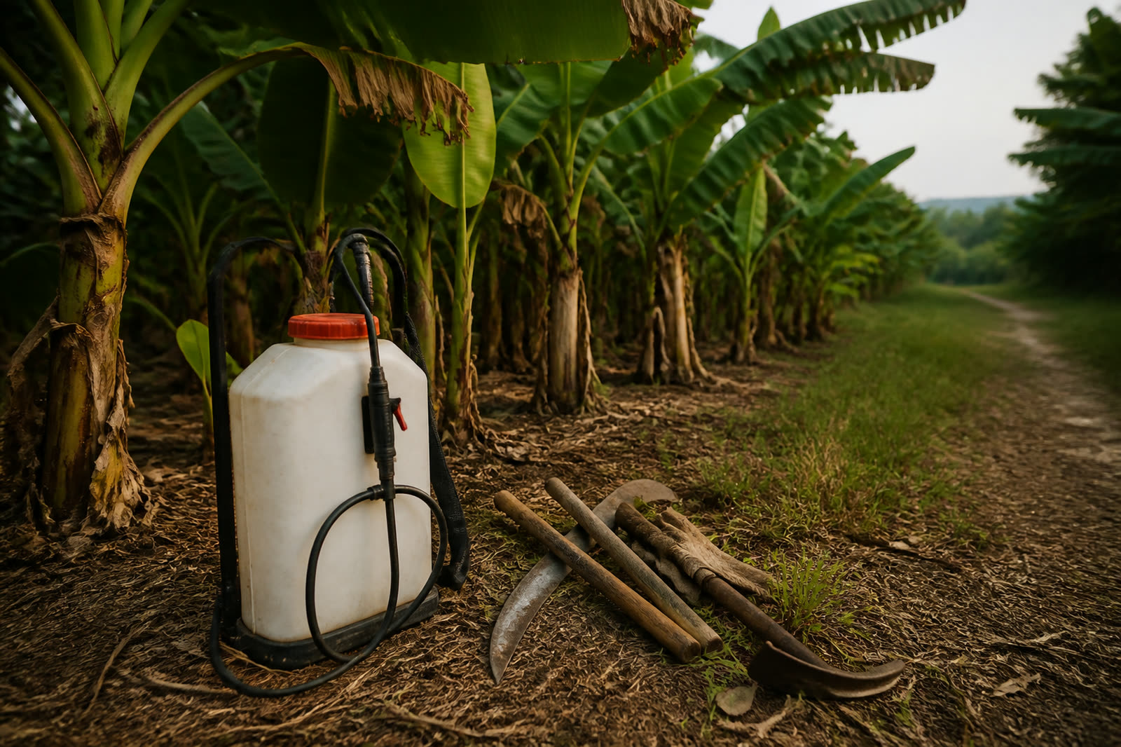 Bomba de mochila y herramienta de campo al borde de una plantación de banano